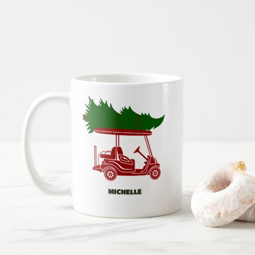 Red Golf Cart with Christmas Tree Holiday Coffee Mug