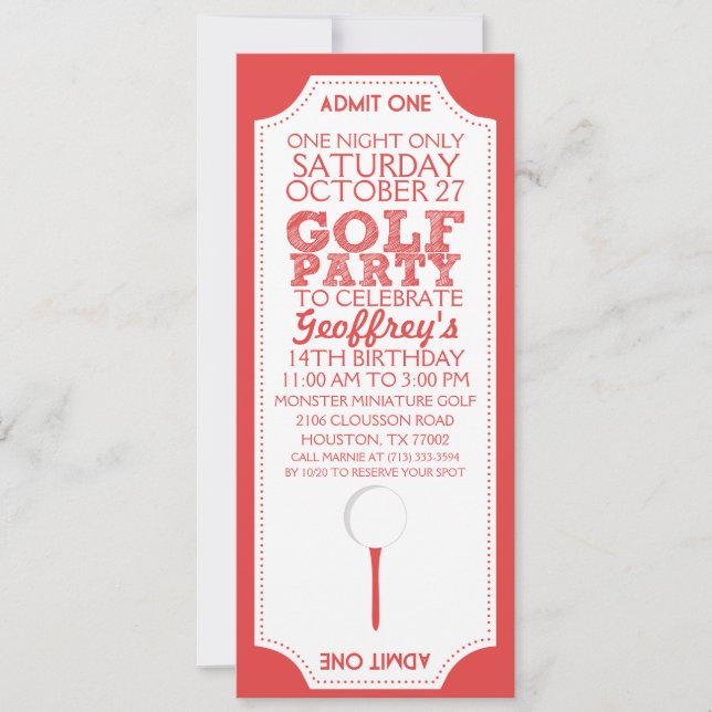 Red Golf Ticket Golf Birthday Party Invitation (Front)