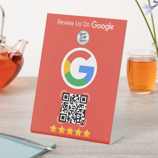 Red Google Review Business Stand with QR Code Pedestal Sign (In SItu)