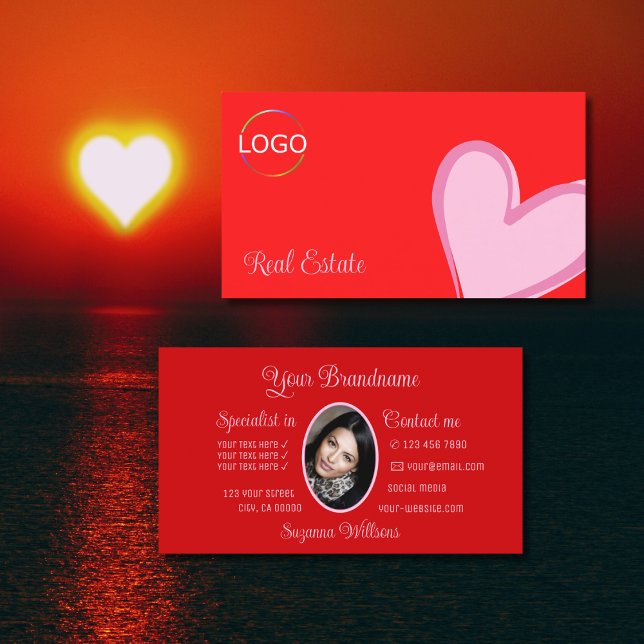Red Gorgeous Pink Heart Cute with Logo and Photo Business Card (Creator Uploaded)