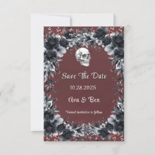 Red Gothic Black Floral Skull Save The Date Cards