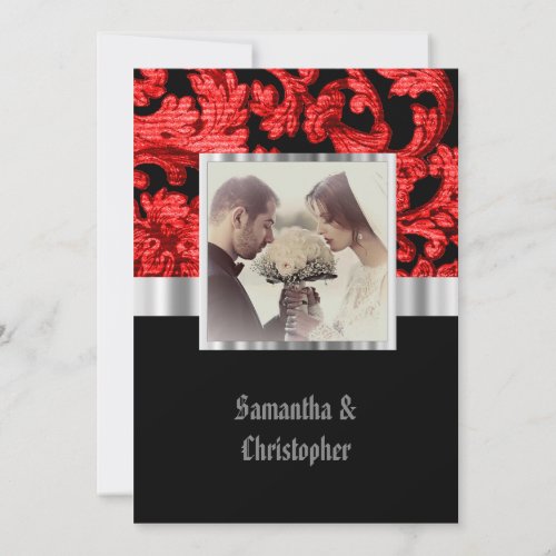 Red Gothic damask wedding photo invitation