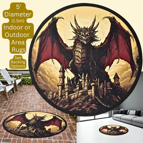 Red Gothic Dragon over Castle on Circle Area Rug