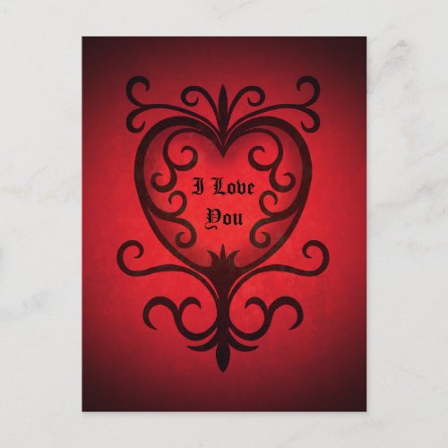 Red gothic elegant damask Valentines day heart Holiday Postcard