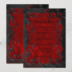 Red Gothic halloween wedding save the date Announcement