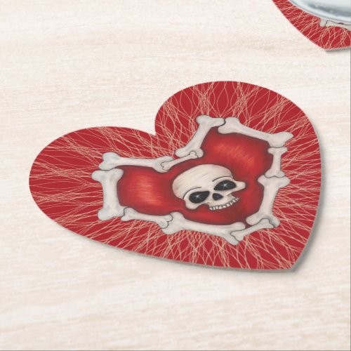 Red Gothic Heart Bone Outline Skull Spiral Lines Paper Coaster