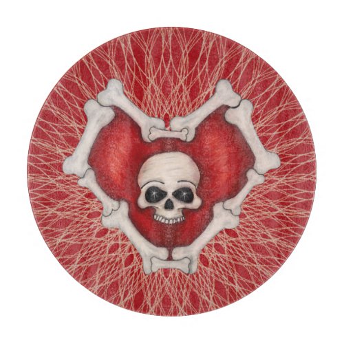 Red Gothic Heart on Spiral Pattern Skull Bones Cutting Board