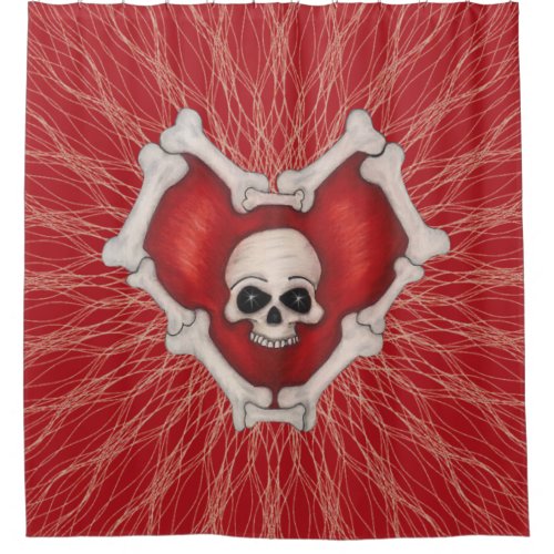 Red Gothic Heart Outlined in Bones Spirals Skull Shower Curtain