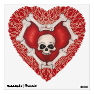 Red Gothic Heart White Bone Outline Skull Spirals Wall Decal