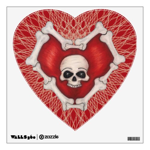 Red Gothic Heart White Bone Outline Skull Spirals Wall Decal