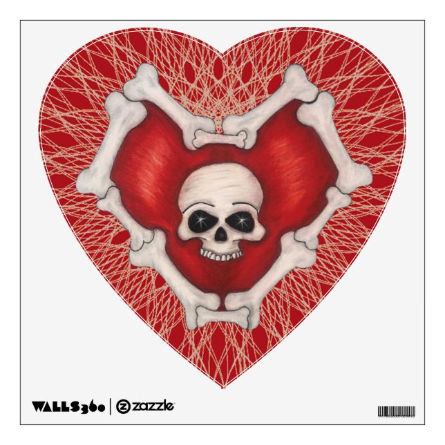 Red Gothic Heart White Bone Outline Skull Spirals Wall Decal (Front)