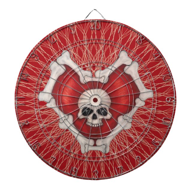 Red Gothic Heart With Bones Skull on Spiral Lines Dart Board (Front)