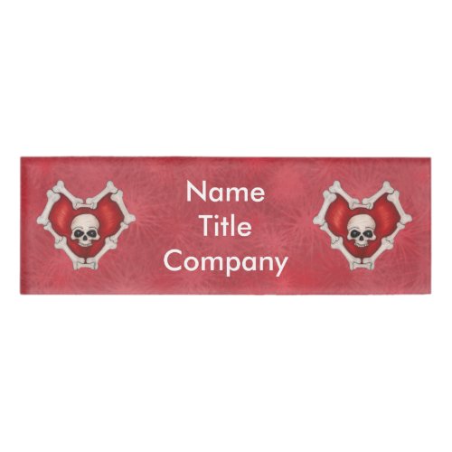 Red Gothic Hearts of Bones Skull on Starbursts Name Tag