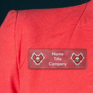 Red Gothic Hearts of Bones Skull on Starbursts Name Tag
