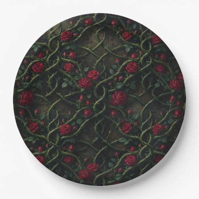 Red Gothic Rose Paper Plates (Front)