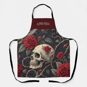Red Gothic Skull Roses Apron