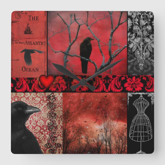 Red Gothic Squares Square Wall Clock (Front)