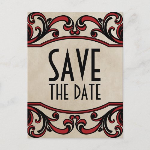 Red Gothic Swirls Save the Date Postcard