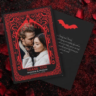 Red Gothic Vampire Cathedral Photo Wedding Thank You Card