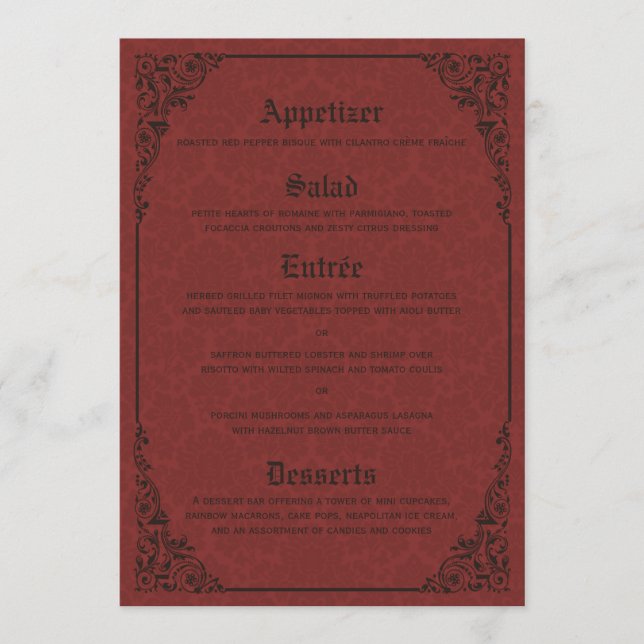 Red Gothic Victorian Damask Wedding Menu Cards (Front)