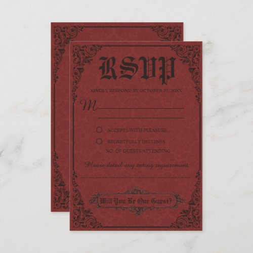 Red Gothic Victorian Damask Wedding RSVP Cards