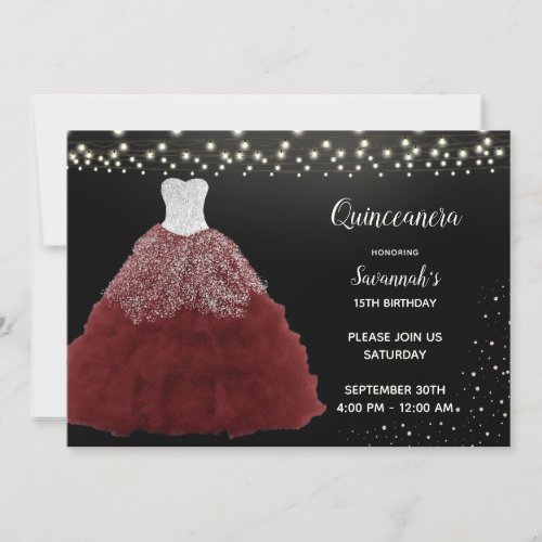 Red Gown String Lights Quinceanera Invitation