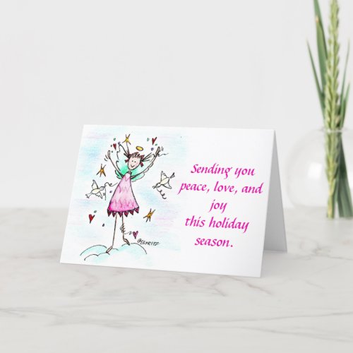 Red Gowned Angel bringing Hearts with Peace Doves  Holiday Card