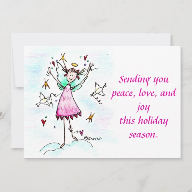 Red Gowned Angel bringing Hearts with Peace Doves  Holiday Card (Front)