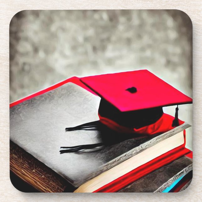 Red Grad Cap & Books Beverage Coaster (Front)