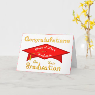 Red Grad Cap Gold White Graduate Class 2024 Hat  Card