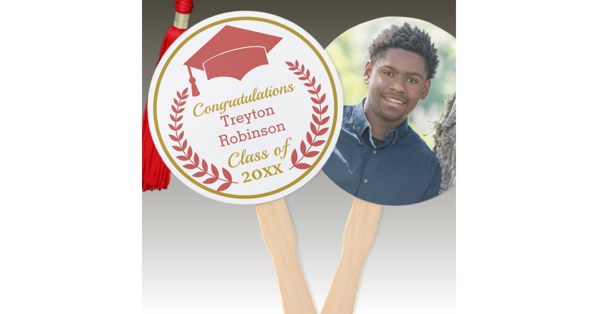 Red Grad Cap Graduation Photo Hand Fan | Zazzle