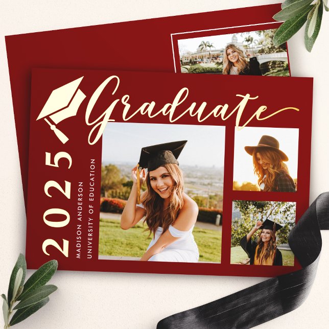 Red Grad Cap Photo Foil Graduation Announcement (Creator Uploaded)