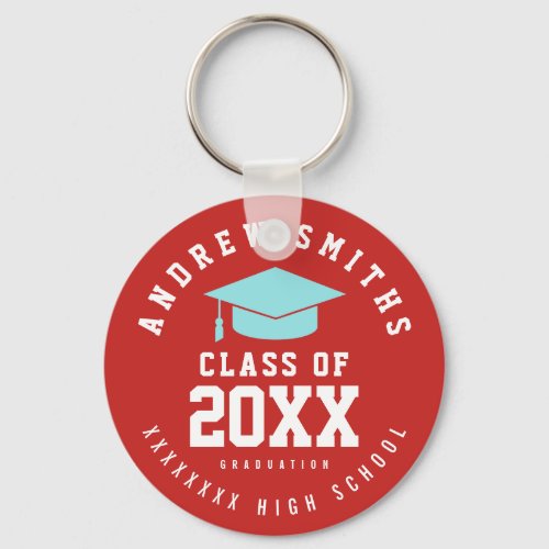 red grad keychain with name and class year