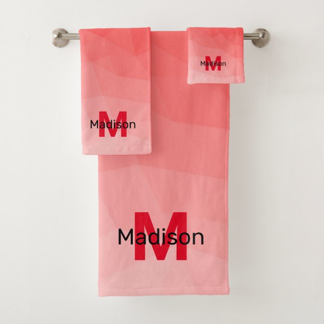 Red gradient geometric mesh pattern Monogram Bath Towel Set (Insitu)