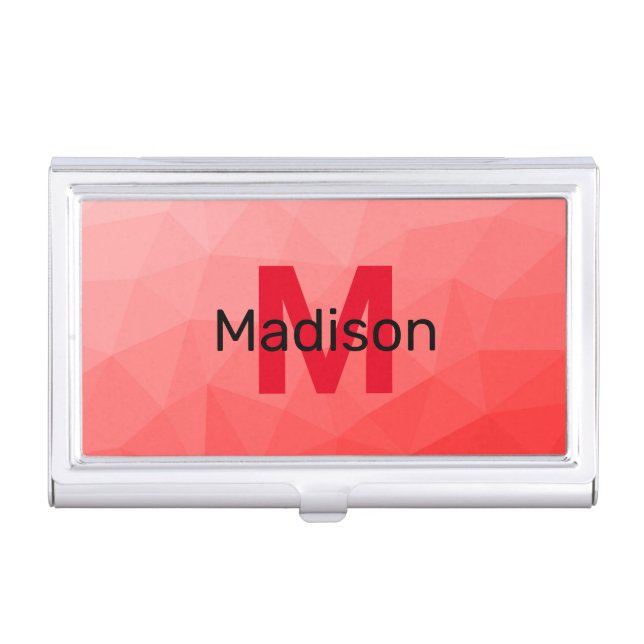 Red gradient geometric mesh pattern Monogram Business Card Case (Front)