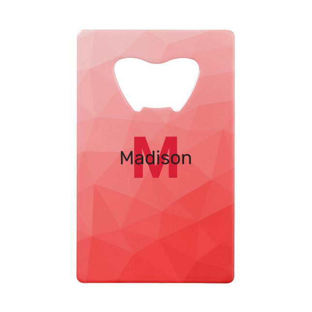 Red gradient geometric mesh pattern Monogram Credit Card Bottle Opener (Front)