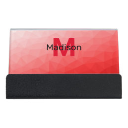 Red gradient geometric mesh pattern Monogram Desk Business Card Holder