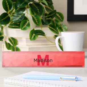 Red gradient geometric mesh pattern Monogram Desk Name Plate