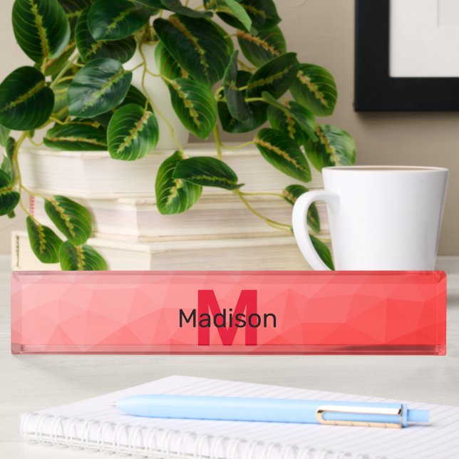 Red gradient geometric mesh pattern Monogram Desk Name Plate