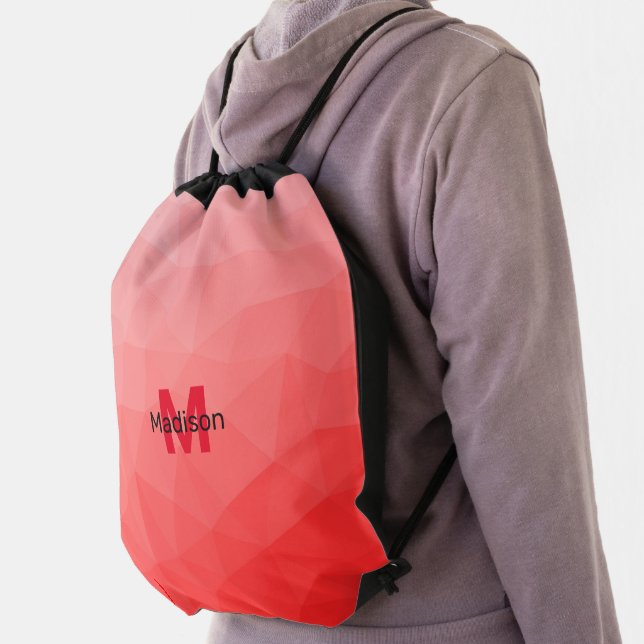 Red gradient geometric mesh pattern Monogram Drawstring Bag (Insitu)