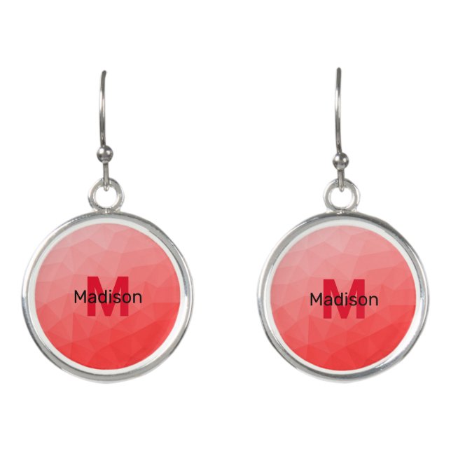 Red gradient geometric mesh pattern Monogram Earrings (Front)