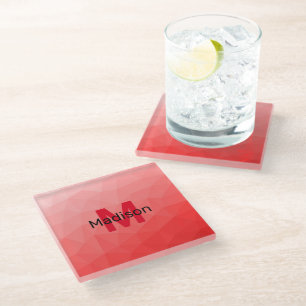 Red gradient geometric mesh pattern Monogram Glass Coaster