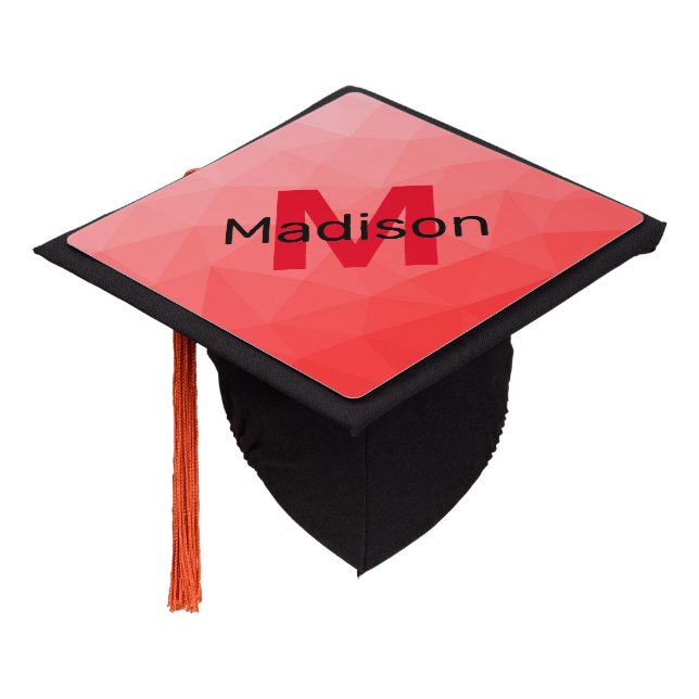 Red gradient geometric mesh pattern Monogram Graduation Cap Topper (Angled)
