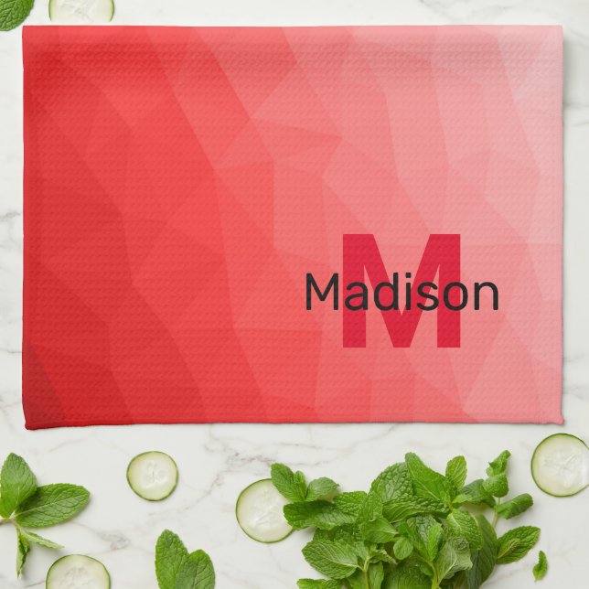 Red gradient geometric mesh pattern Monogram Kitchen Towel (Folded)
