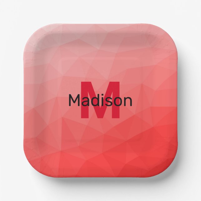 Red gradient geometric mesh pattern Monogram Paper Plates (Front)