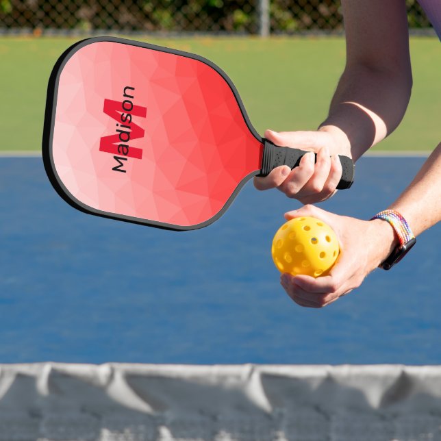 Red gradient geometric mesh pattern Monogram Pickleball Paddle (Insitu)