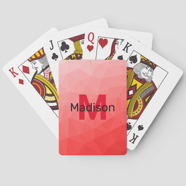 Red gradient geometric mesh pattern Monogram Poker Cards (Back)