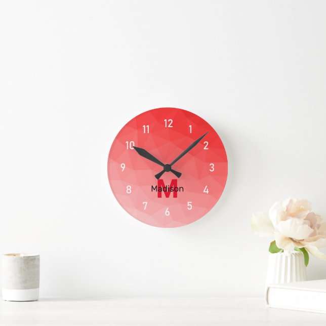 Red gradient geometric mesh pattern Monogram Round Clock (Home)