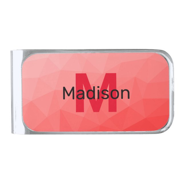 Red gradient geometric mesh pattern Monogram Silver Finish Money Clip (Front)