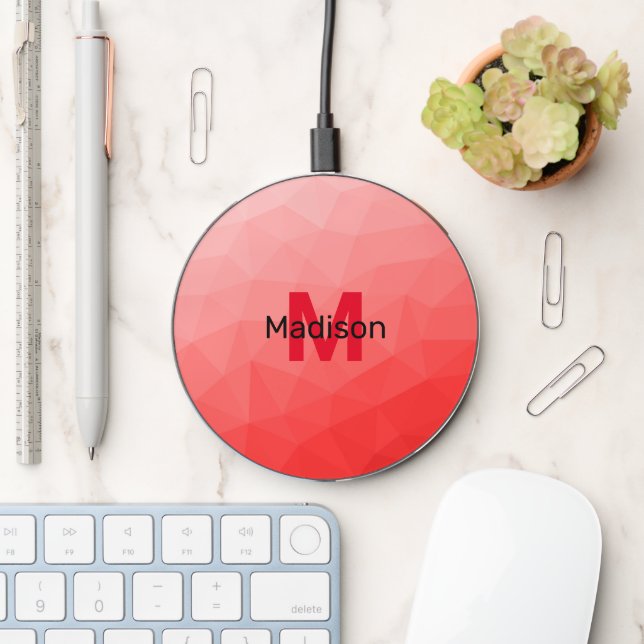 Red gradient geometric mesh pattern Monogram Wireless Charger (Desk)